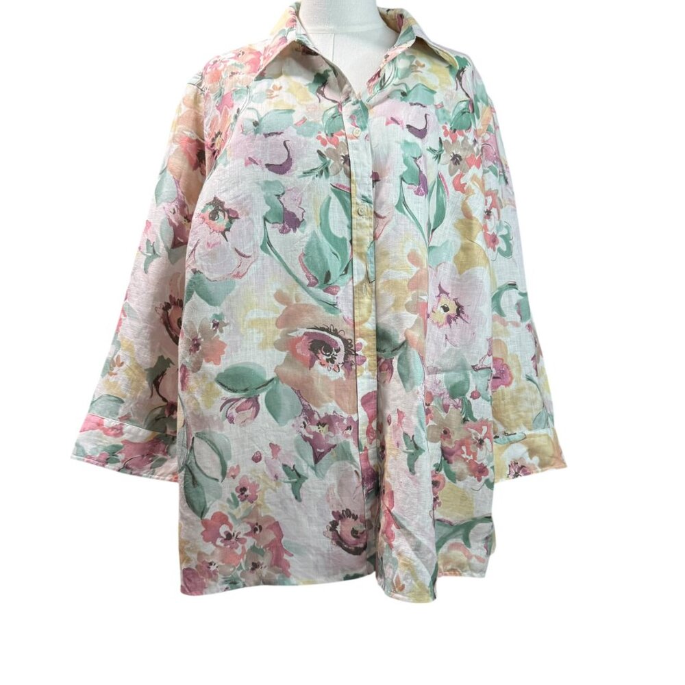 Ralph Lauren 100% Linen Floral Button-Up Blouse 2X Pastel Watercolor Print